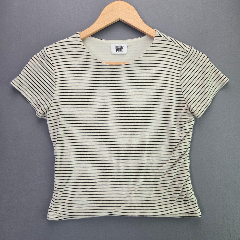 Funky Pink T-Shirt Striped Baby Tee L Cream Black Short Sleeve Ribbed Stretch